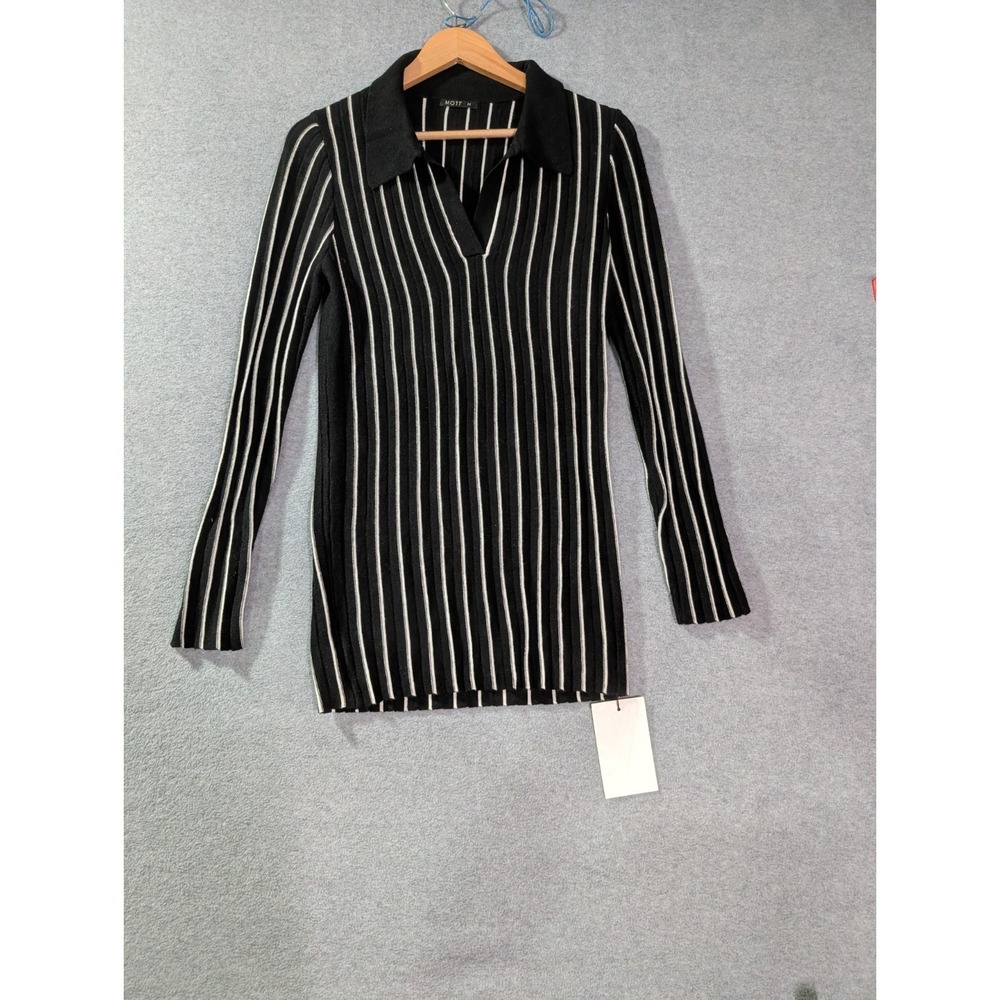 MOTF Ribbed Knit Polo Sweater Top‎ Womens Medium NWT Black Striped Wool Blend